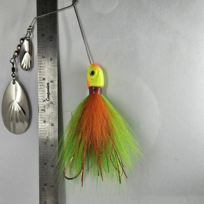 Large spinner bait for fishing in weedy spots, 8-inches, ideal for Muskie, Pike and Walleye fishing in the Great Lakes region - BuchesBackwaterBaits.com
