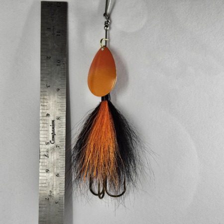 6-inch Bucktail Bait Fishing Lure for Musky, Pike and Walleye in the Great Lakes Region, Black/Orange Color, Hand-Tied - BuchesBackwaterBaits.com